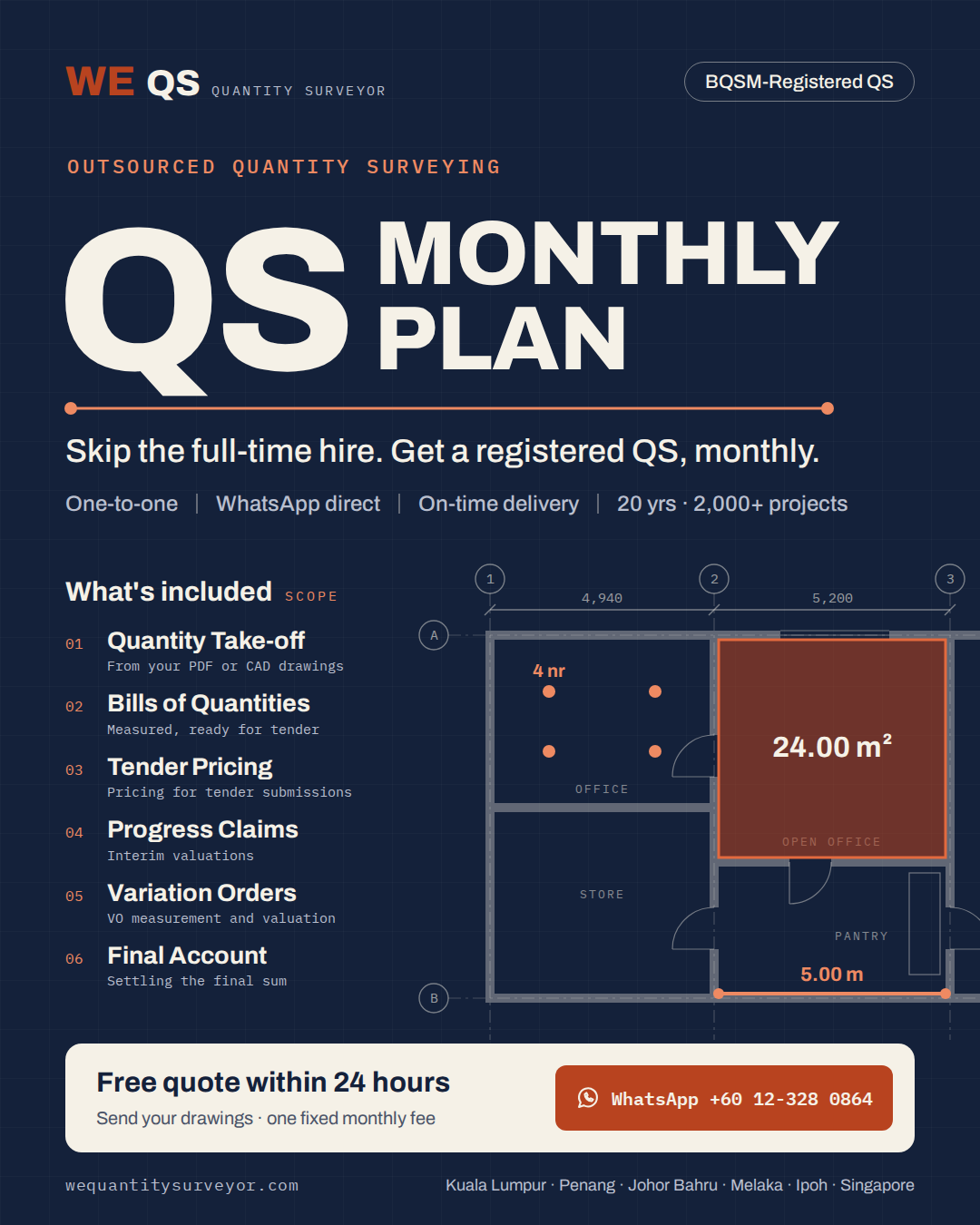 QS Monthly Plan from WE Quantity Surveyor: skip the full-time hire and get a BQSM-registered QS, monthly. Quantity take-off, bills of quantities, tender pricing, progress claims, variation orders and final account. Free quote within 24 hours. WhatsApp +60 12-328 0864.