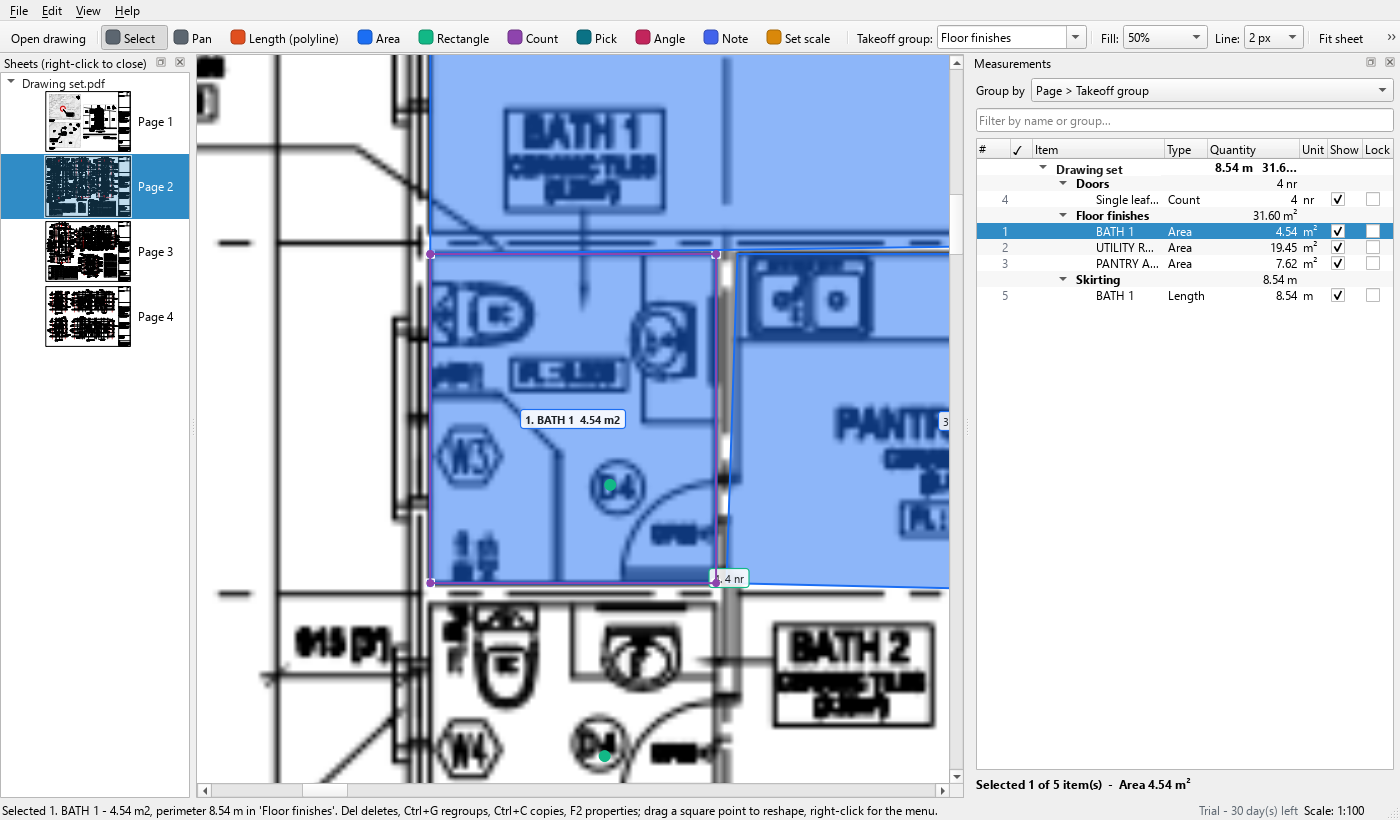 A bathroom traced with the Area tool, selected, with square grips at its four corners and the label BATH 1 4.54 m2; the status bar reads out its area and perimeter.