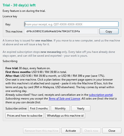 The Licence dialog showing the trial days left, a licence key field, the machine id with a Copy button, the prices, Subscribe online buttons for the three plans, and buttons for the prices page and WhatsApp.