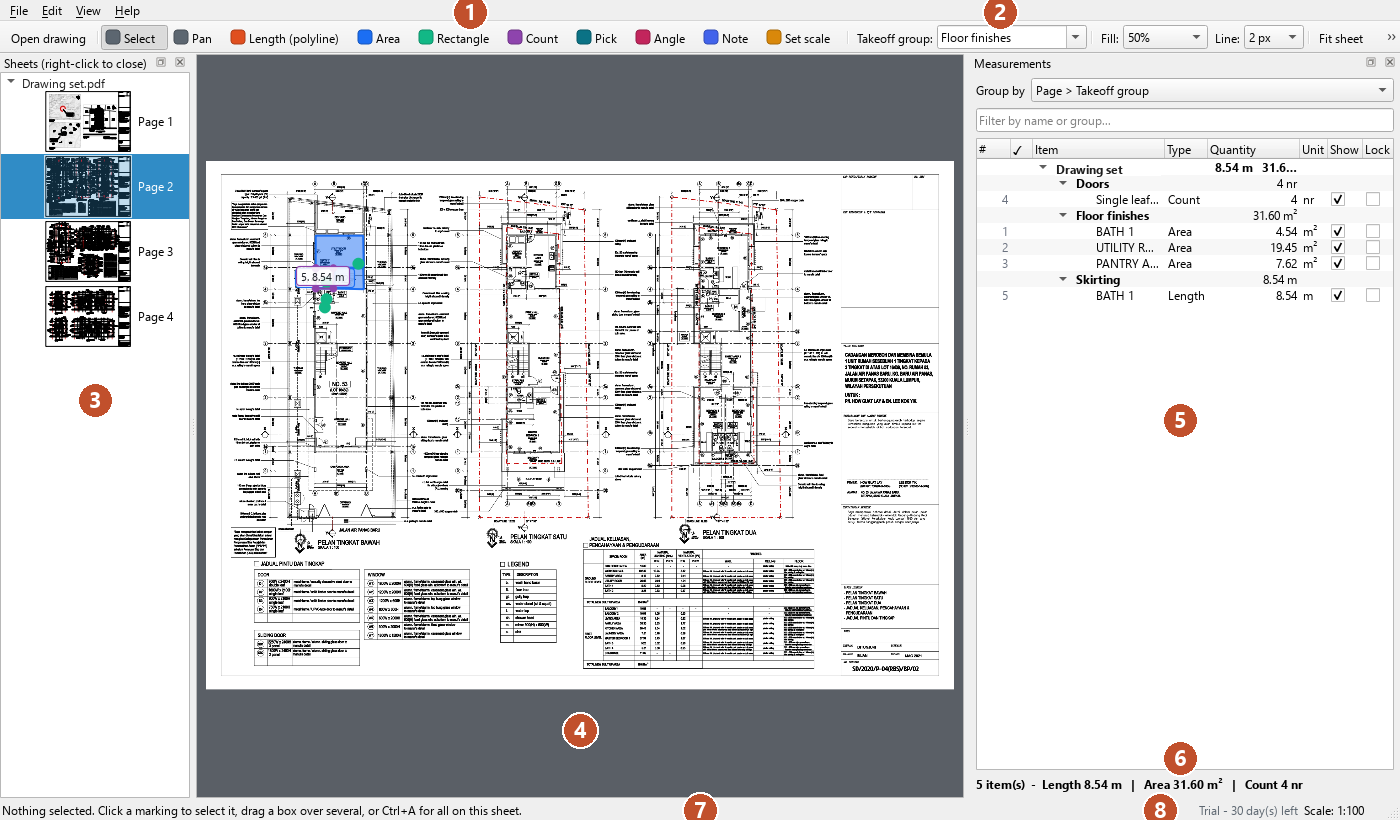 The Take-Off by WEQS window with numbered labels: the toolbar, the take-off group box, the sheets panel, the drawing, the measurement list, the summary line, the status bar and the scale readout.