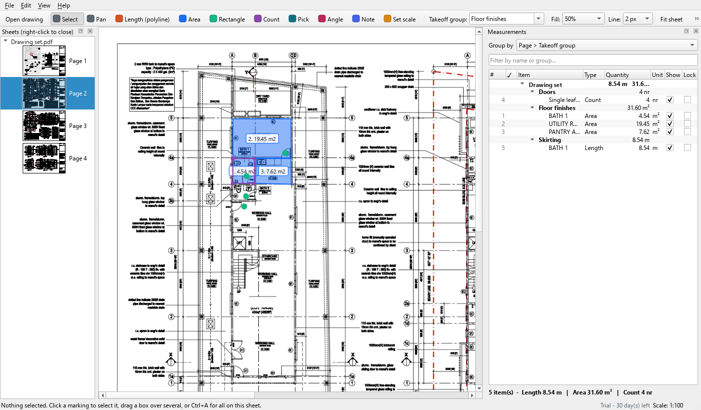 A floor plan with three rooms traced in blue, four doors counted with green dots, and the measurement list showing the groups Doors, Floor finishes and Skirting with their totals.
