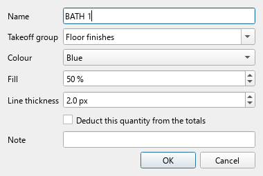 The Properties dialog: name, take-off group, colour, fill, line thickness, a deduct checkbox and a note.