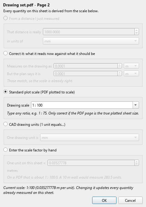 The Set sheet scale dialog with five options: from a distance just measured, correct it from a reading, standard plot scale, CAD drawing units, and enter the factor by hand.